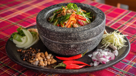 A vibrant Thai salad presented in a stone bowl, featuring fresh vegetables, herbs, and spices, set on a traditional patterned tablecloth, evoking culinary tradition.の素材