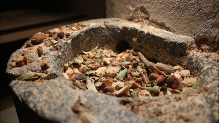 A close-up image of an ancient stone mortar filled with a rich mixture of dried spices and herbs, showcasing textures and historical craftsmanship.の素材