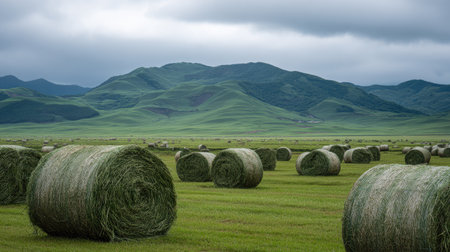 This captivating image showcases lush green hay bales scattered across a vast field, surrounded by rolling hills under a dramatic cloudy sky.の素材