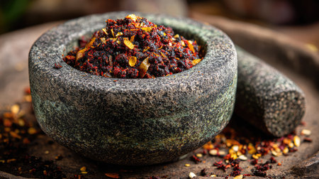 This image showcases a rustic mortar and pestle filled with vibrant chili flakes, emphasizing traditional kitchen tools and organic spices. Perfect for culinary enthusiasts.の素材