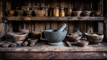 A beautifully arranged rustic kitchen shelf showcases a mortar and pestle amidst various spices and wooden utensils, radiating warmth and tradition.の素材