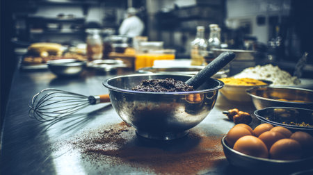 This image showcases a bustling professional kitchen with various culinary tools and fresh ingredients. A mixing bowl with a whisk, eggs, and spices are arranged artistically on the countertop, reflecting the essence of cooking and creativity.の素材