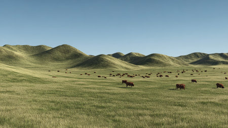 A picturesque view of a vast green pasture featuring a herd of cattle grazing peacefully under a clear blue sky. The rolling hills in the background enhance the serene rural landscape, depicting harmony and tranquility in nature.の素材