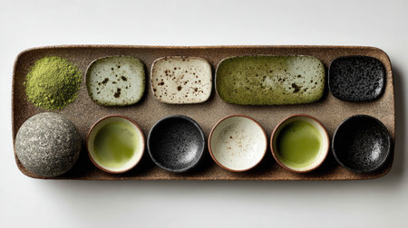 A beautifully arranged collection of ceramic bowls showcasing matcha powder and green tea, highlighting a serene and minimalist aesthetic ideal for wellness.の素材