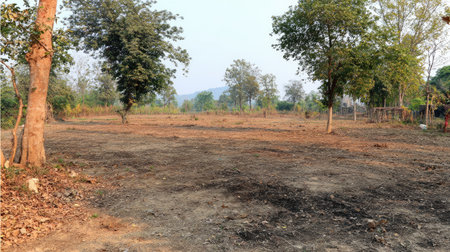 A serene view of barren land surrounded by trees showcases the beauty of rural nature under a clear sky, inviting thoughts of cultivation and growth.の素材