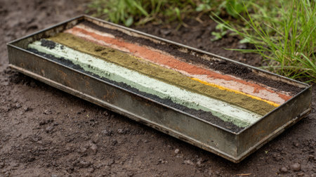 A detailed view of colorful layers of soil and sediment organized in a metal tray, showcasing the different earth compositions for educational uses. Perfect for teaching about nature and geology.の素材