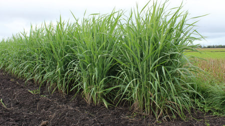 Vibrant green grass thrives in a farm field, complementing the earthy soil and under a cloudy sky, showcasing agricultural beauty and nature's resilience.の素材