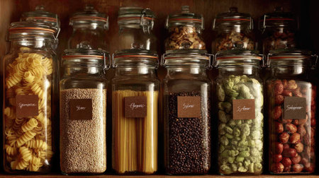 A collection of colorful pasta and grains displayed in clear glass jars on a wooden shelf, highlighting organization and aesthetic appeal in culinary storage.の素材