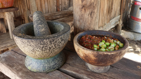 A traditional stone mortar and pestle sit on a wooden table, showcasing fresh ingredients for culinary preparation in a rustic kitchen setting.の素材