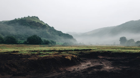 This captivating image features a misty landscape with rolling hills, lush greenery, and a tranquil atmosphere, ideal for nature enthusiasts.の素材