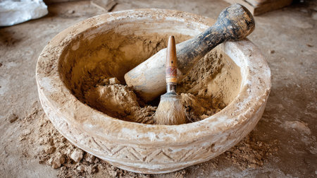 A rustic mortar and pestle set resting on an earthy surface, showcasing artisan craftsmanship, perfect for culinary enthusiasts and traditional cooking.の素材