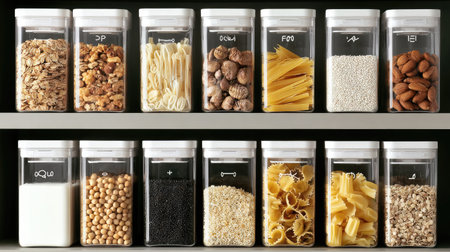 Neatly arranged clear storage containers filled with various ingredients, perfect for kitchen organization. Ideal for healthy cooking and meal preparation.の素材