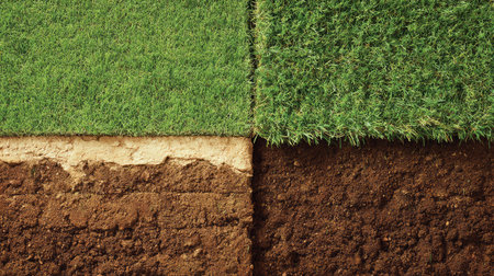 This image presents a detailed cross-section of soil layers, showcasing rich brown earth below and healthy, vibrant grass on top, ideal for nature studies.の素材