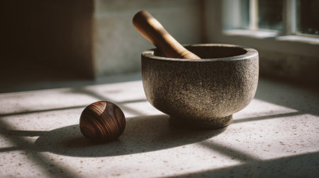 A serene composition featuring a rustic stone mortar and wooden pestle bathed in soft natural light. The charming wooden sphere adds warmth to the kitchen scene.の素材