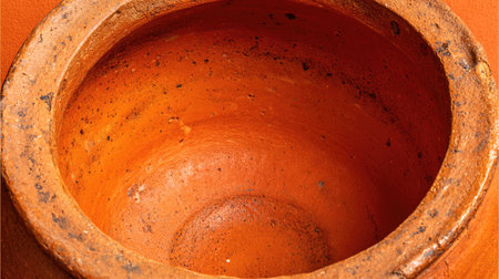 This close-up image features an empty terracotta pot showcasing a rich orange hue and textured surface, ideal for rustic decor and gardening projects.の素材