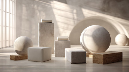 This image features an abstract arrangement of geometric shapes in a softly lit, modern interior, showcasing interplay of light and shadow with a calming aesthetic.の素材