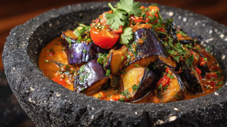 A vibrant eggplant dish served in a traditional stone bowl, topped with fresh herbs and colorful vegetables, showcasing a delightful culinary experience.の素材