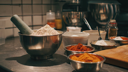 This image captures a mix of flour and spices arranged in bowls on a sleek steel countertop. A rolling pin adds an element of culinary preparation, showcasing a modern kitchen setup ideal for cooking enthusiasts.の素材