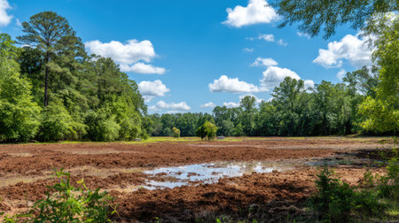 This image captures a serene landscape with muddy earth surrounded by vibrant greenery. A bright blue sky dotted with fluffy clouds adds to the tranquil atmosphere, perfect for nature lovers.の素材