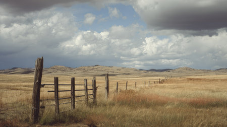 A captivating rustic landscape featuring a wooden fence stretching into the distance, set against a dramatic sky filled with clouds. The serene grassland undulates gently, creating a tranquil rural scene.の素材