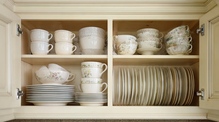 This image captures a beautifully organized kitchen cabinet displaying fine china and elegant dishes. The arrangement highlights both functionality and style, ideal for home decor inspirations.の素材