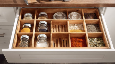 This image showcases an organized kitchen drawer featuring a variety of spice jars and herbs in sleek wooden compartments, perfect for modern cooking.の素材