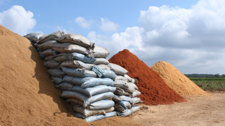 This image features various mounds of colored soil alongside stacked bags under a blue sky. It captures an agricultural setting, showcasing materials used in farming and landscaping.の素材
