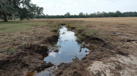A tranquil scene capturing a narrow water channel reflecting the sky, bordered by earth and grass, set in a serene rural landscape.の素材