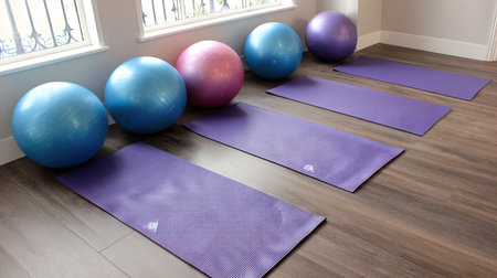 A serene and inviting indoor fitness area featuring vibrant exercise balls and purple yoga mats, perfect for workouts, stretching, and promoting wellness.の素材
