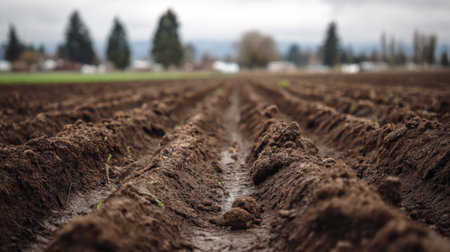 This image captures freshly plowed soil in an agricultural field, showcasing rich texture and preparation for planting under a cloudy sky.の素材