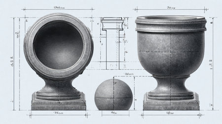 This detailed architectural drawing showcases a decorative garden planter alongside a sphere, featuring precise dimensions and artistic elements for landscape design.の素材