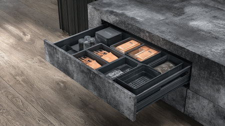 Explore an organized kitchen drawer showcasing clear containers and neatly arranged items, highlighting modern design and efficient storage solutions.の素材