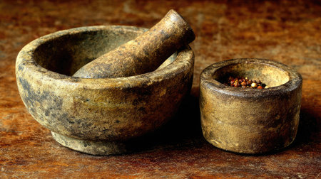 This stunning image showcases a rustic mortar and pestle set, perfect for grinding spices, surrounded by warm earthy tones. Ideal for culinary enthusiasts.の素材