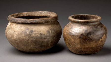 Two distinct vintage ceramic pots are showcased against a soft neutral background, emphasizing their unique shapes and rich textures, ideal for design inspiration.の素材