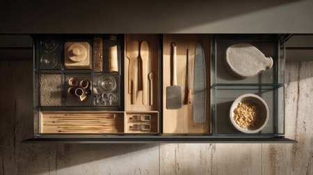 A meticulously organized kitchen drawer showcasing an assortment of cooking tools and utensils. The clean layout emphasizes simplicity and accessibility for culinary tasks.の素材