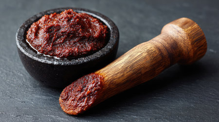 A stunning display of traditional mortar and pestle holding rich red chili paste, emphasizing the art of cooking and vibrant flavors in culinary traditions.の素材