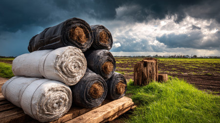 Stacked bales of hay wrapped in plastic await in an expansive rural field, showcasing a dramatic sky with dark clouds, embodying agricultural life.の素材