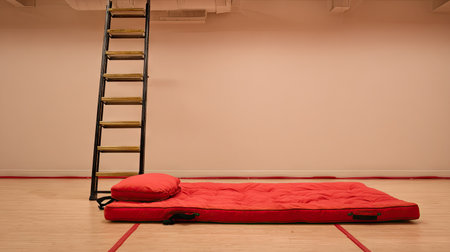 This image showcases a red mat and a ladder set against a neutral background, creating a minimalist setup ideal for exercise or relaxation. The design emphasizes simplicity and functionality, perfect for various indoor activities.の素材