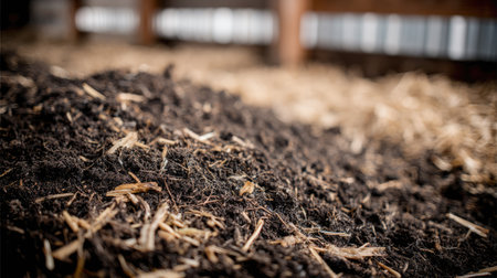 This close-up image showcases rich organic soil, ideal for farming and gardening. The texture highlights the nutrients present, essential for plant growth.の素材
