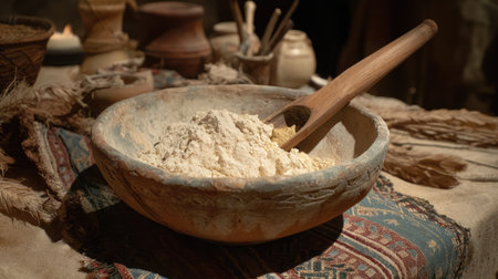 A rustic wooden bowl filled with fine flour sits on an earthy table. A wooden spoon rests beside it, surrounded by various cooking tools in warm light.の素材