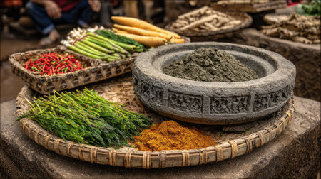 Vibrant display of fresh spices and herbs on a traditional Indian market table, featuring a stone grinding bowl and natural ingredients for cooking.の素材