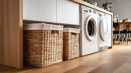 This image showcases a modern laundry room featuring a washing machine and stylish wicker baskets tucked under a wooden countertop, exuding a clean and organized vibe.の素材