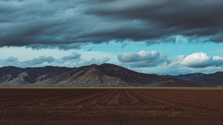 A stunning rural landscape featuring rich brown soil fields, dramatic moody clouds, and rolling mountains under a vibrant sky, perfect for nature lovers.の素材