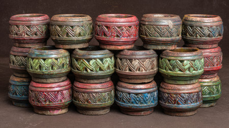 A stunning arrangement of colorful handcrafted decorative bowls featuring intricate patterns, showcasing vibrant colors and artistic craftsmanship against a dark surface.の素材