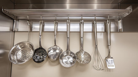 A modern collection of stainless steel kitchen utensils hanging neatly on a wall rack, showcasing an organized culinary space for efficient meal preparation.の素材