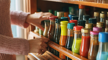 A warm and inviting scene featuring a hand reaching for colorful spice containers on wooden shelves, showcasing a cozy kitchen filled with culinary essentials.の素材