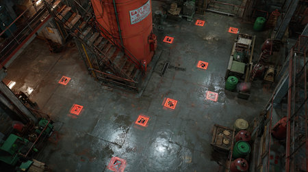 This stock photo features a spacious industrial warehouse interior, showcasing safety markings on a clean, shiny floor and various equipment strategically placed around the space.の素材