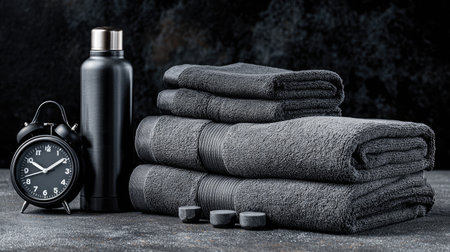 This arrangement features black towels, a sleek water bottle, an alarm clock, and weights, ideal for conveying wellness, fitness, and a modern lifestyle.の素材