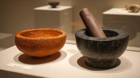 This image features traditional stone mortars and pestles in a museum setting, highlighting earthy textures and colors that showcase ancient culinary tools.の素材