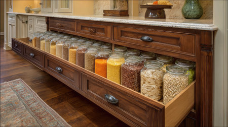 A beautifully organized kitchen storage solution featuring glass jars filled with various grains and dried foods in a rustic wooden drawer, creating a warm and inviting ambiance.の素材